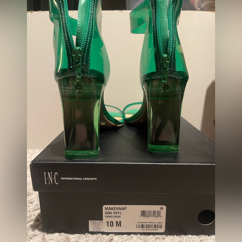 INC International Concepts Green Vinyl Block Heel Sandals with Back Zip